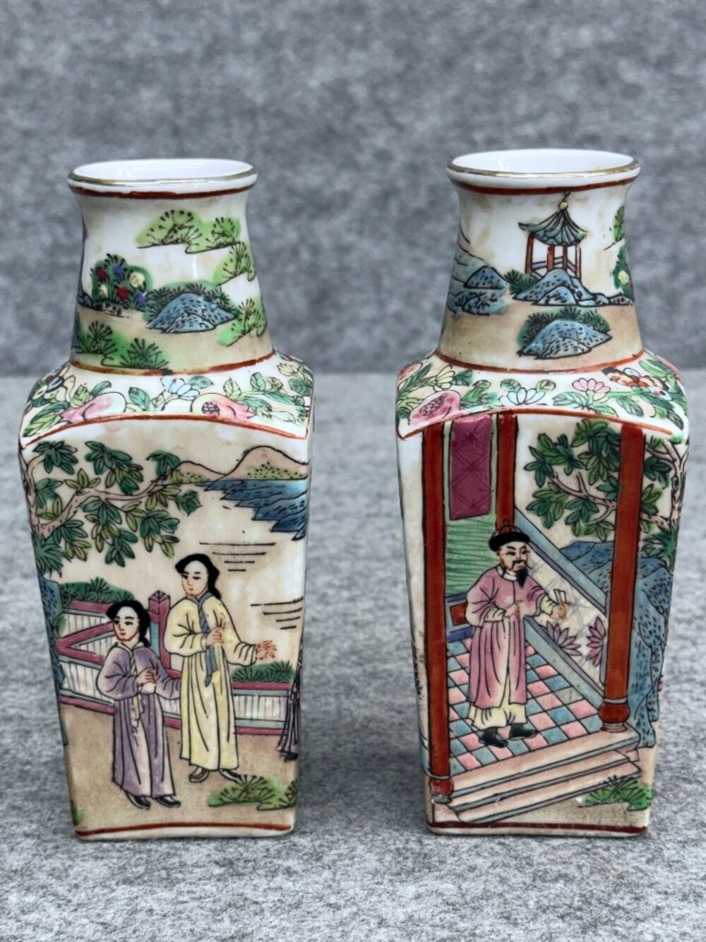 Vintage Famille Rose Polychrome Pair Square Bud Vases 6" Hand Painted Figures